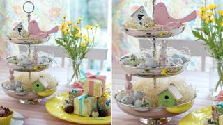 Easter cake stand filled with eggs, toy birdhouse and bunnies