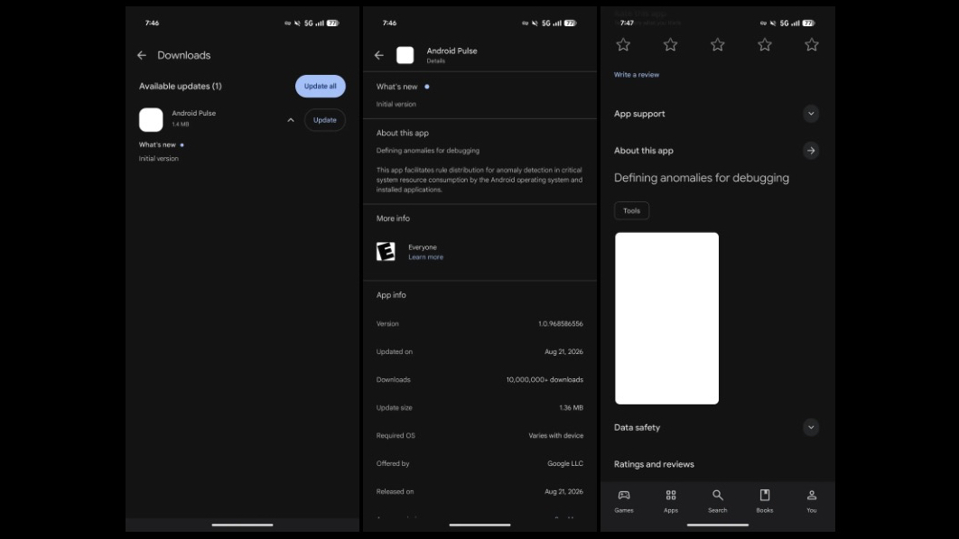 Screenshots of details about the Android Pulse app