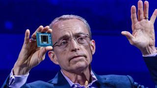 Pat Gelsinger, chief executive officer of Intel Corp., holds an artificial intelligence processor as he speaks during the Computex conference in Taipei, Taiwan, on Tuesday, June 4, 2024.