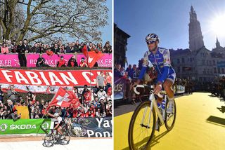 Cancellara riding his last Roubaix in 2016 (left), as Boonen gets his Flanders farewell in 2017