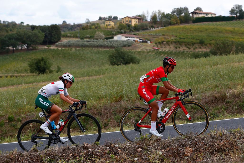 IMOLA ITALY SEPTEMBER 26 Maria Antonieta Gaxiola Gonzalez of Mexico Fatima Zahra El Hayani of Morocco during the 93rd UCI Road World Championships 2020 Women Elite Road Race a 143km race from Imola to Imola Autodromo Enzo e Dino Ferrari ImolaEr2020 Imola2020 on September 26 2020 in Imola Italy Photo by Bas CzerwinskiGetty Images