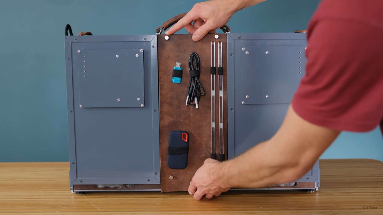DIY Perks' portable all in one PC with brown leather front panel with storage