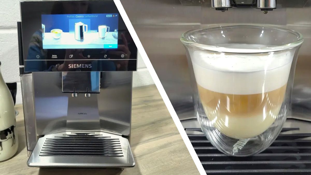 Split image of Siemens EQ900 Plus coffee maker on kitchen counter, and a latte made using the same coffee machine