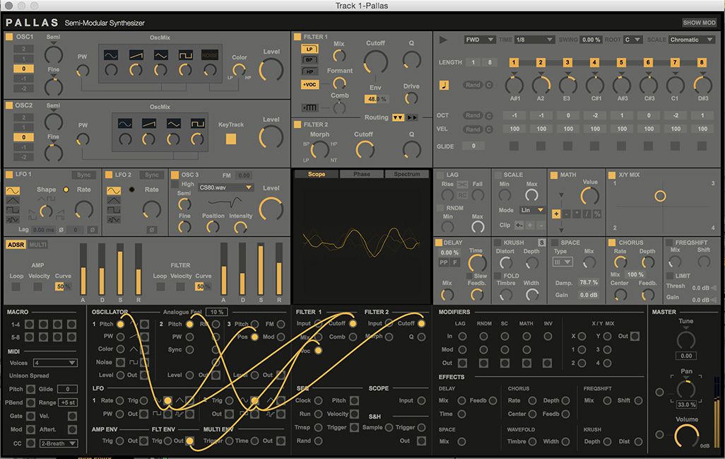 Pallas is a sub€50, semimodular, analogue modelling synth for Ableton