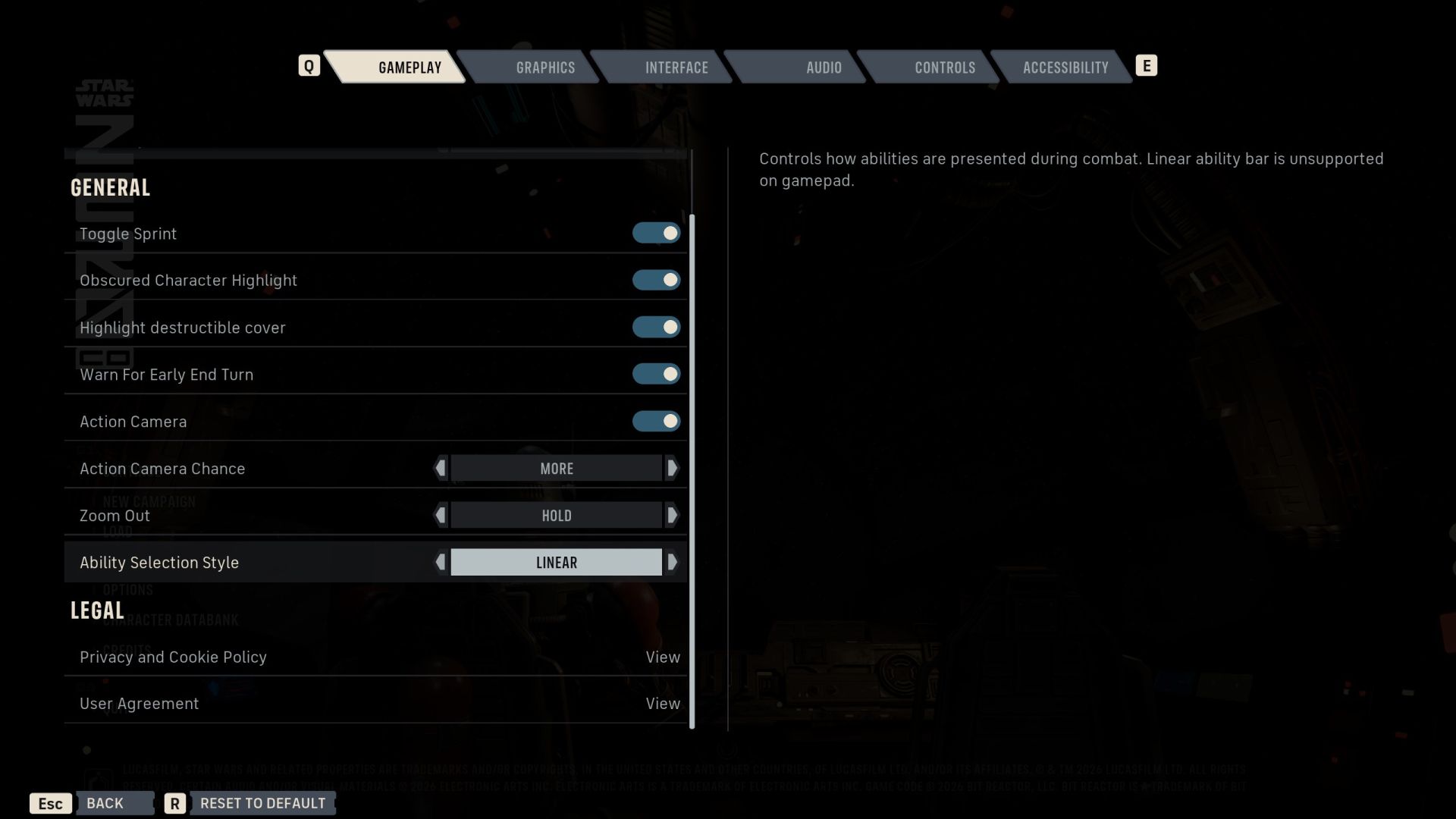 Zero Company's gameplay options menu, with the ability selection style set to Linear