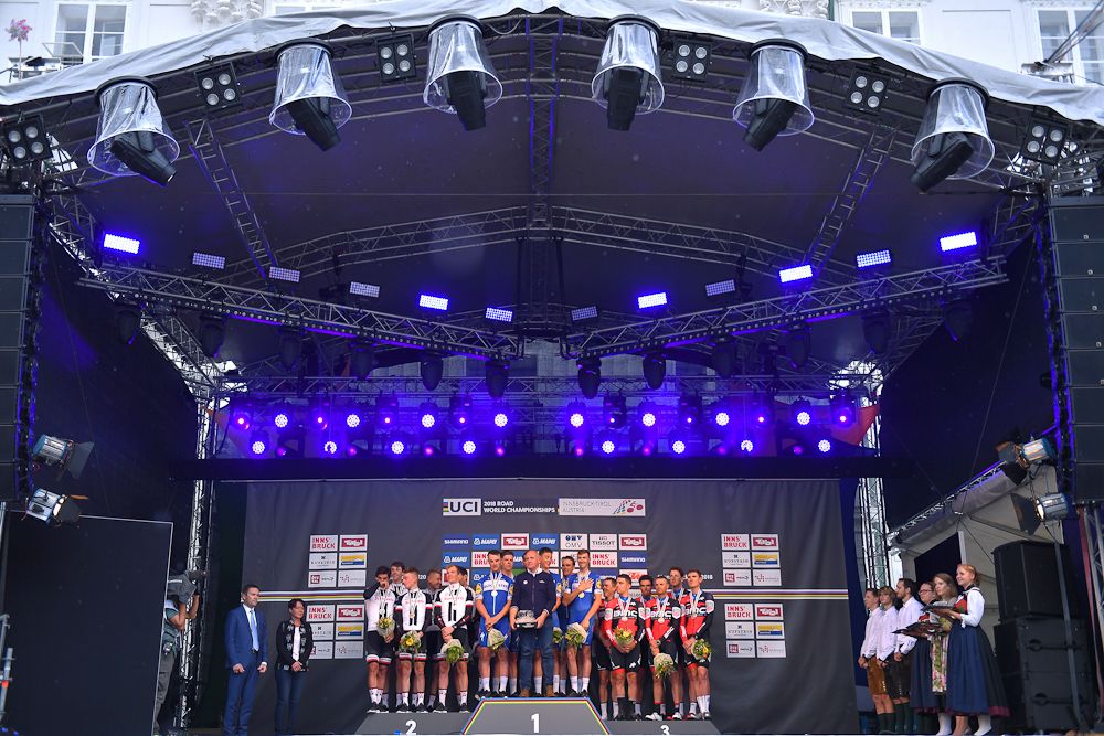 The podium for the 2018 UCI Road World Championships time trial