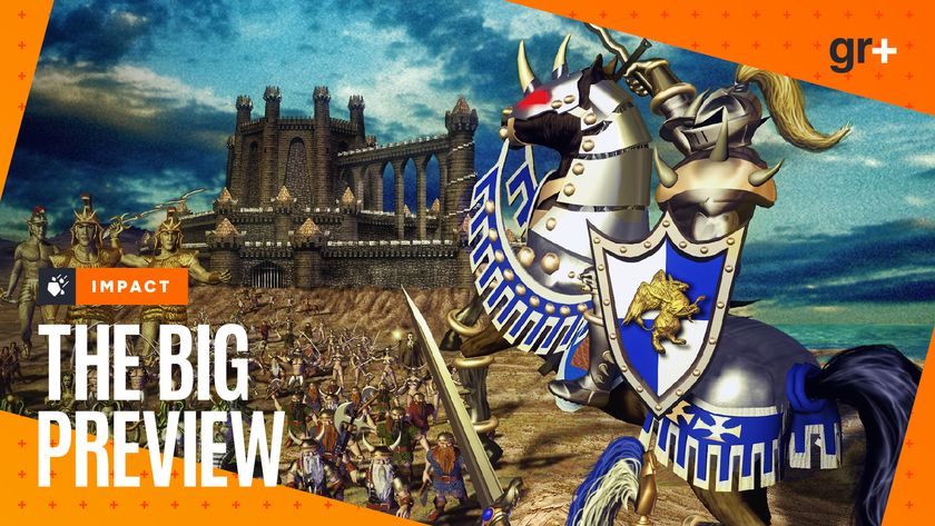 A knight on horseback leads the charge against another army in classic Heroes of Might and Magic 3 key art, with the GamesRadar+ Big Preview frame