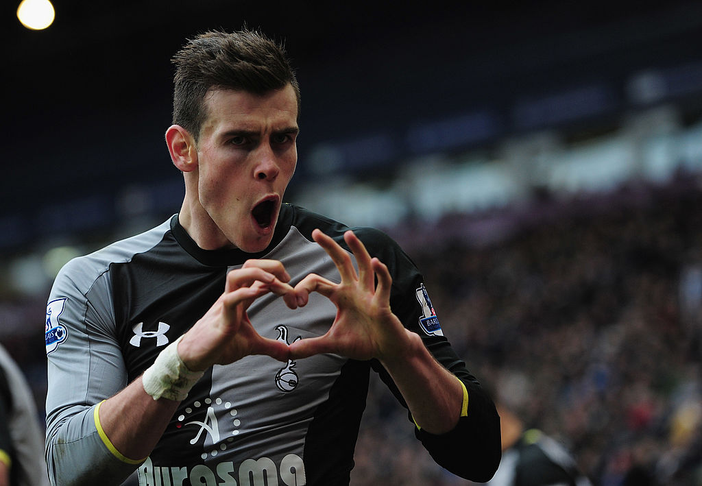 Gareth Bale of Spurs celebrates his goal during the Barclay's Premier League match between West Bromwich Albion and Tottenham Hotspur at The Hawthorns on February 3, 2013 in West Bromwich, England.
