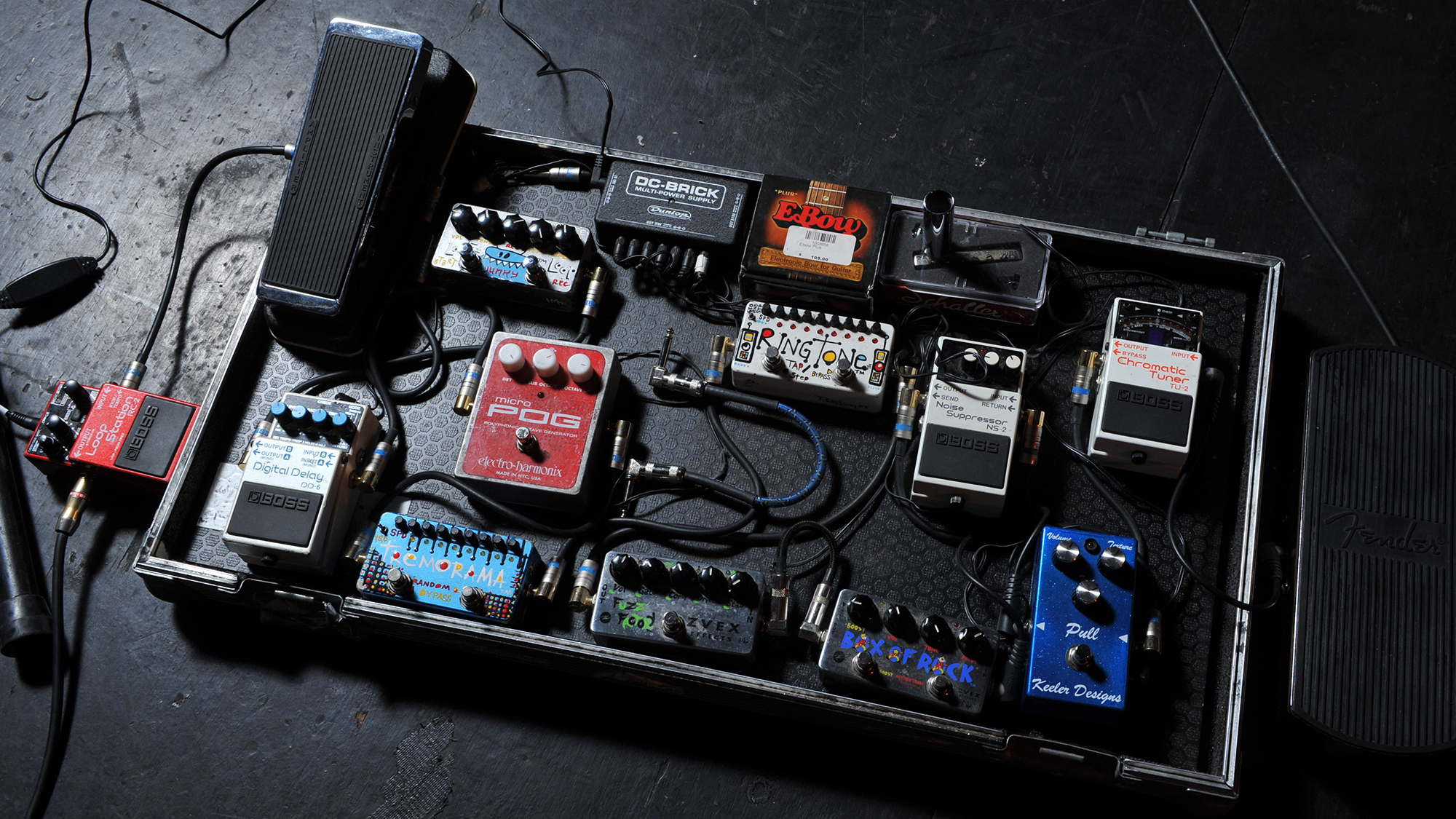 Pedal board belonging to Tom Campesinos, guitarist with Welsh indie pop group Los Campesinos!, taken on July 15, 2010 in London.
