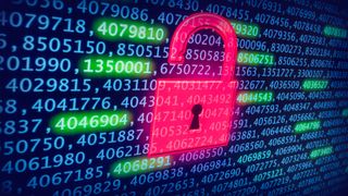 Red padlock over screen of numbers signifying cybersecurity