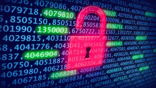 Padlock over binary code signifying data breach