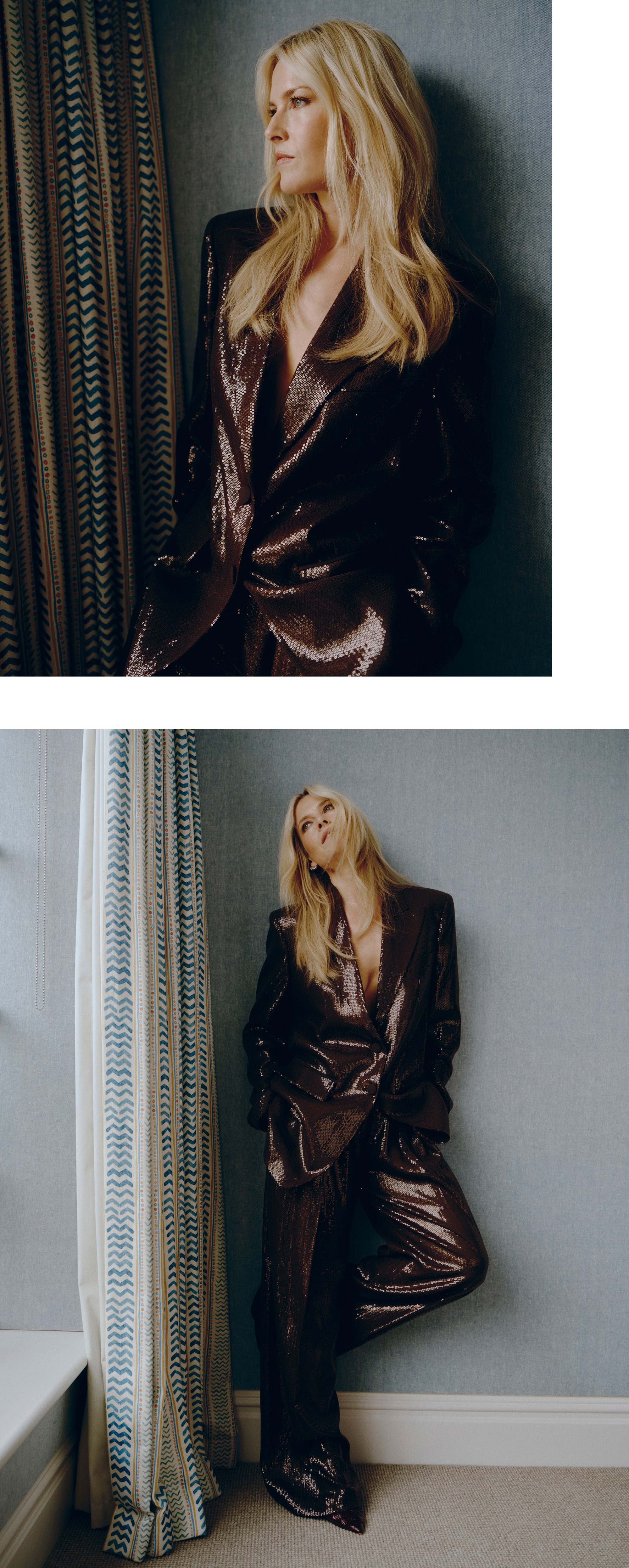 Portraits of Ali Larter in her London hotel wearing a brown sequin suit by Michael Kors.