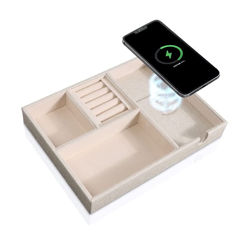 Sanzie Leather Tray With Wireless Charger - Nightstand Organizer for Phone, Wallet, Keys, Sunglasses, Watches, Jewelry, and More (white-Medium)