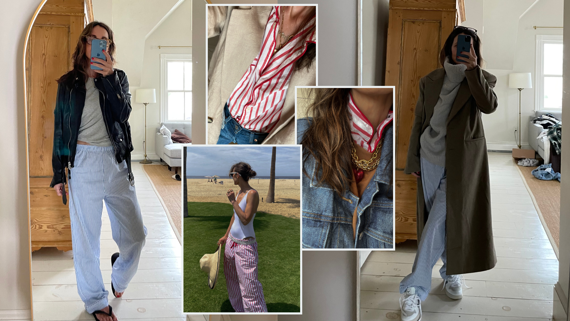 a collage of Larissa Mills wearing her favorite pajamas, including white and blue striped pajama pants and red and white striped pajama shirts