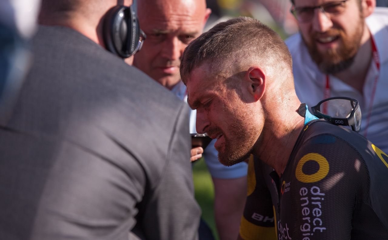Adrien Petit of Direct Energie speaks to reporters following his 9th place finish