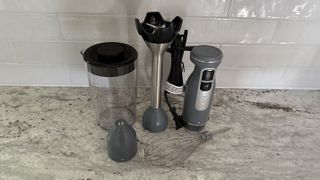 Ninja Power Duo Immersion Blender with Whisk parts on counter
