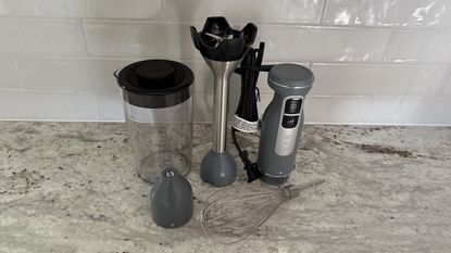 Ninja Power Duo Immersion Blender with Whisk parts on counter