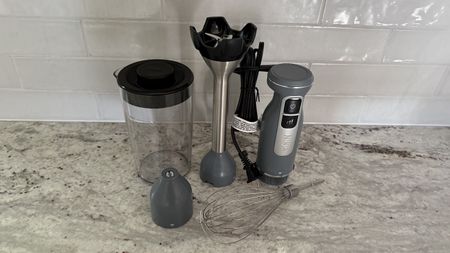 Ninja Power Duo Immersion Blender with Whisk parts on counter