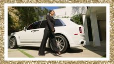 Bre Tiesi getting out of a car in a black suit in Selling Sunset season 6