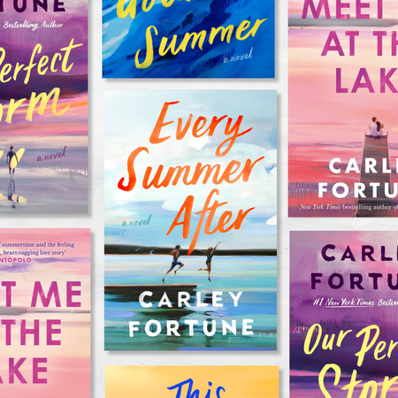a collage of book covers by carley fortune featuring couples in the summertime including every year after meet me at the lake and more