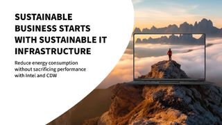 woman on a mountain top with white background and dark text that says Sustainable business starts with sustainable IT infrastructure