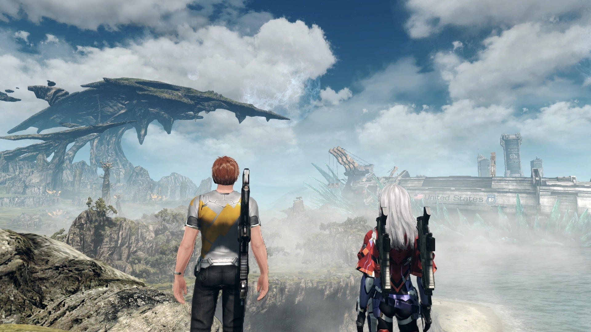 In Xenoblade Chronicles, Elma who has white hair stands beside Cross as they look out over an open vista