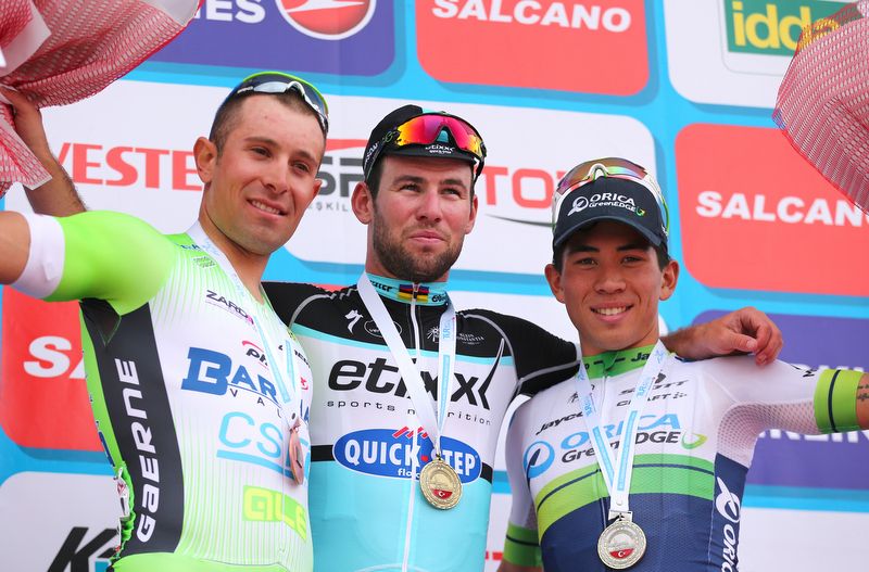 The podium from stage one: Nicola Ruffoni (Bardiani-CSF), Mark Cavendish (Etixx-Quick Step) and Caleb Ewan (Orica-GreenEdge)