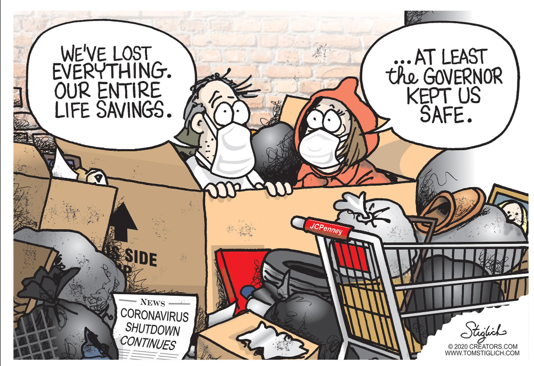 Political Cartoon U.S. coronavirus Americans lost savings governors reopen business