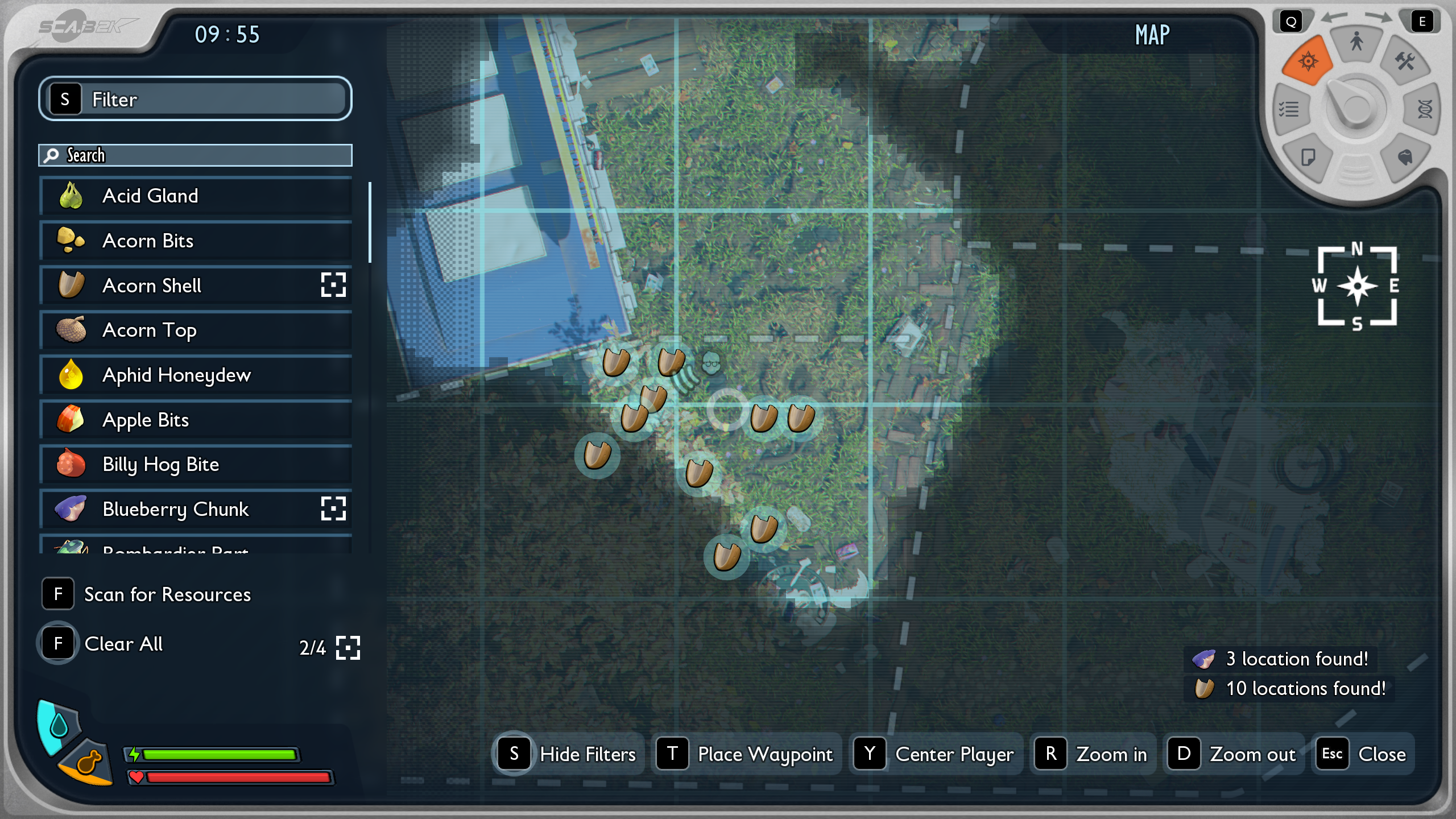 Where to find acorn tops and shells around the Snackbar in Grounded 2