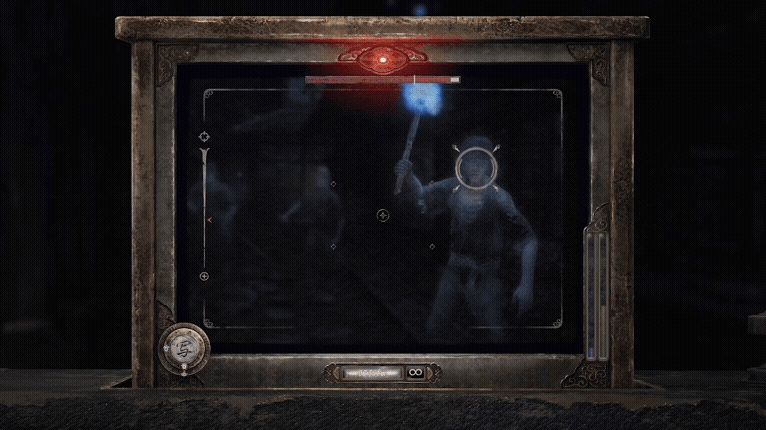 A short FATAL FRAME II: Crimson Butterfly REMAKE gif showing combat gameplay. Ghosts swing at the player as they aim their camera.