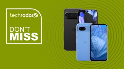 Google Pixel 9 Pro and Pixel 8a on a green background next to TechRadar Deals don't miss badge