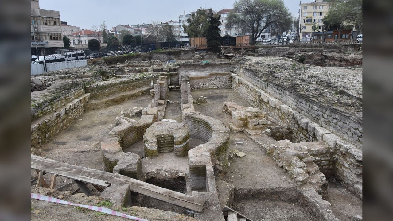 The ruins were built over when Constatinople became Istanbul under the Ottomans, but they were rediscovered during nearby roadworks in the 1960s. Here we see a bird's eye view of the Church of St Polyeuctus ruins from another angle.