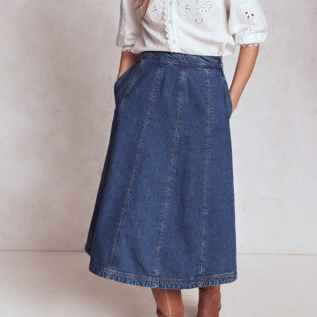 Boden Joy Panelled Denim Skirt-Mid Wash