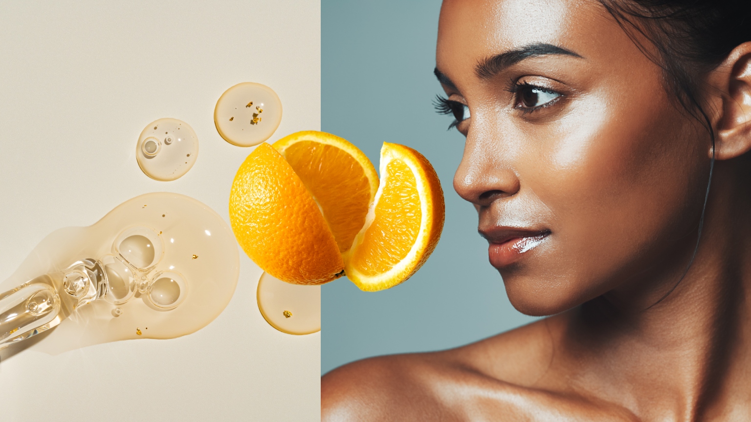 a woman with glowing skin on a tan background with a clear spill of serum and an orange