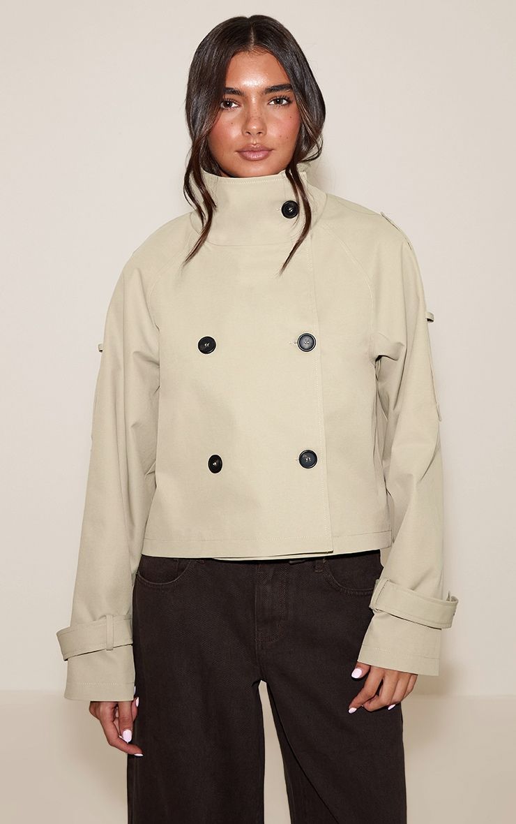 Beige Double Breasted Funnel Neck Cropped Trench Coat