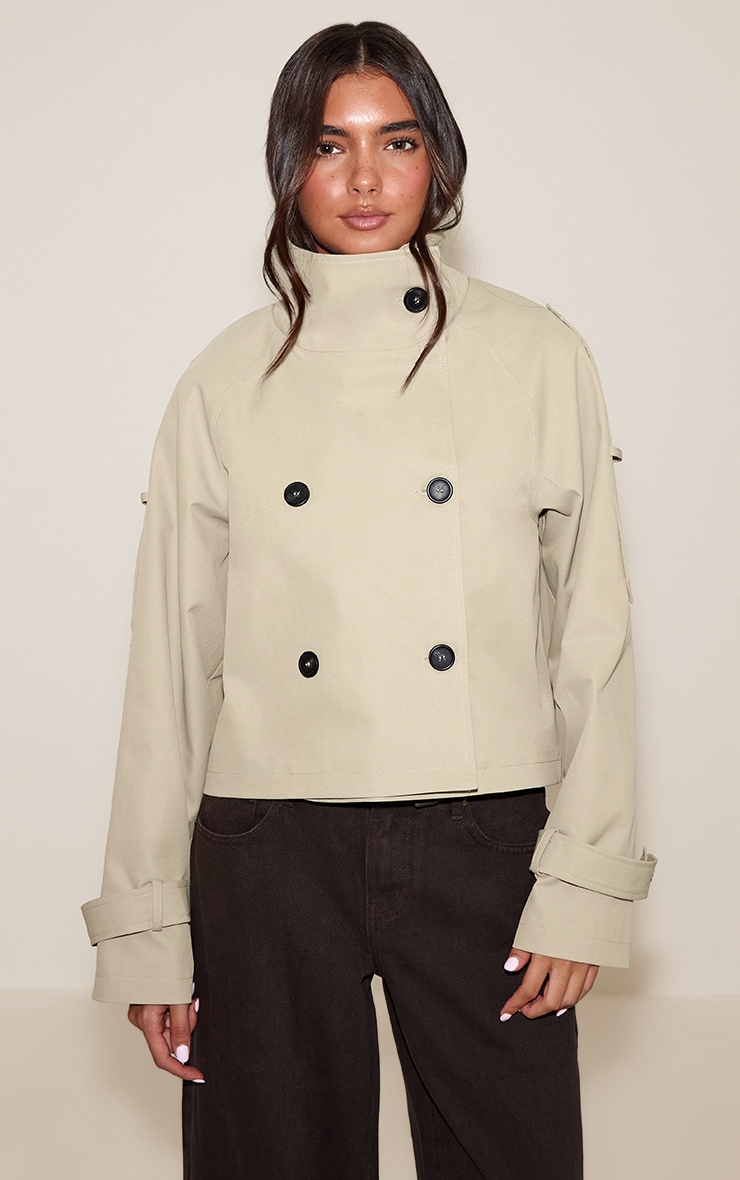 Beige Double Breasted Funnel Neck Cropped Trench Coat
