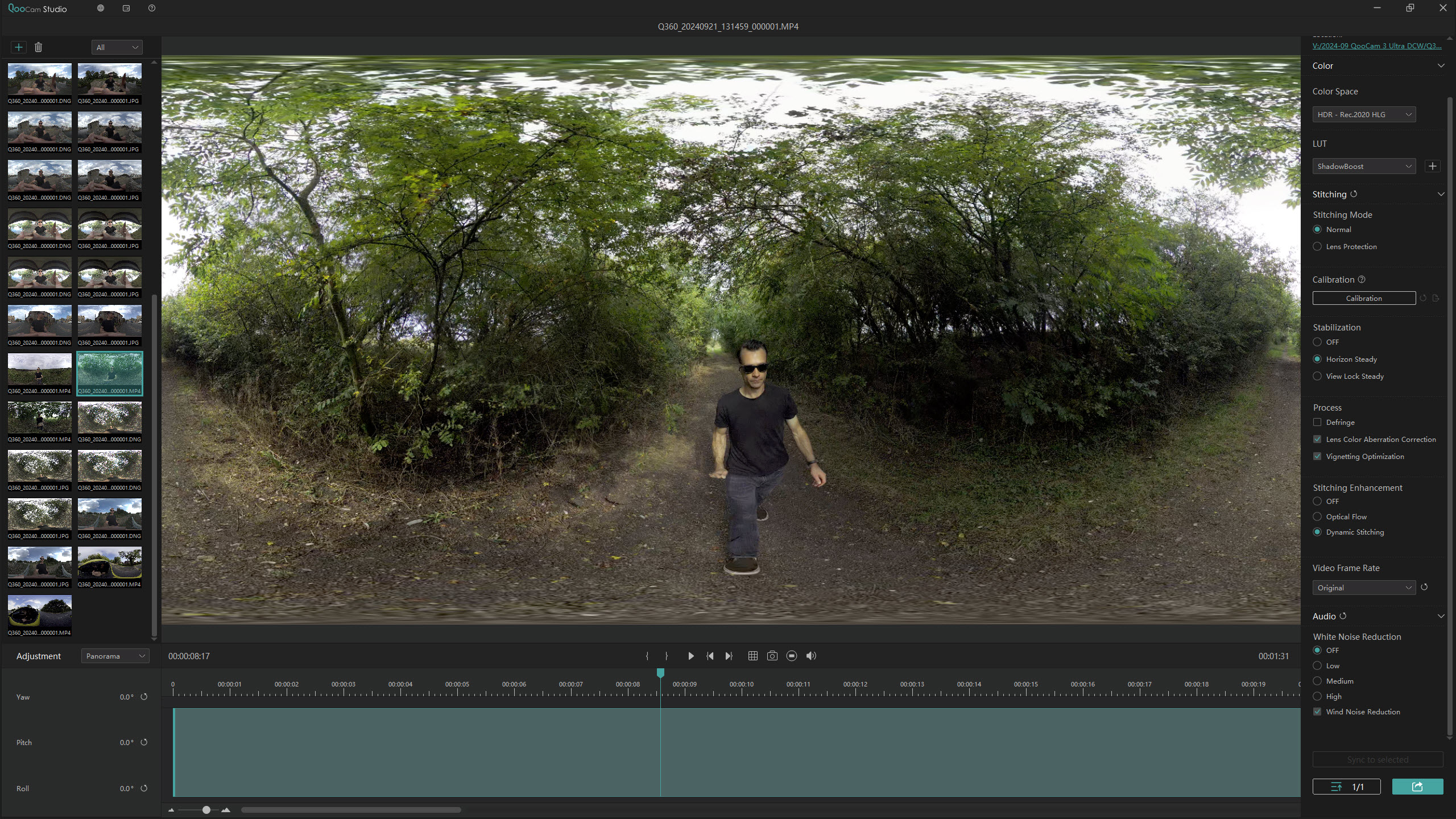 Screenshot of the Kandao QooCam 3 Ultra action camera editing software showing a man outside in front of some trees