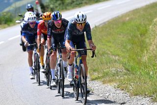 SUPERDEVOLUY LE DEVOLUY FRANCE JULY 17 LR Bob Jungels of Luxembourg and Team Red Bull BORA hansgrohe and Tiesj Benoot of Belgium and Team Visma Lease a Bike compete in the breakaway during the 111th Tour de France 2024 Stage 17 a 1778km stage from SaintPaulTroisChateaux to Superdevoluy 1500m UCIWT on July 17 2024 in Superdevoluy Le Devoluy France Photo by Tim de WaeleGetty Images