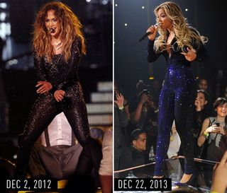 J.Lo (2012) & Beyonce (2013) in glittery long-sleeve catsuit with smoky eye makeup and big, wavy hair