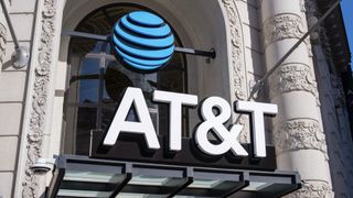 Closeup of AT&T sign at store.