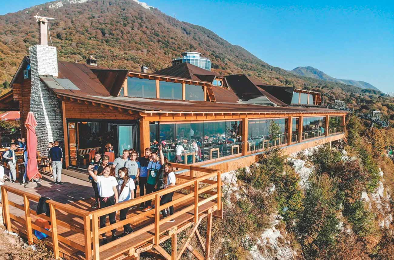 A viewing platform outside a hilltop restaurant
