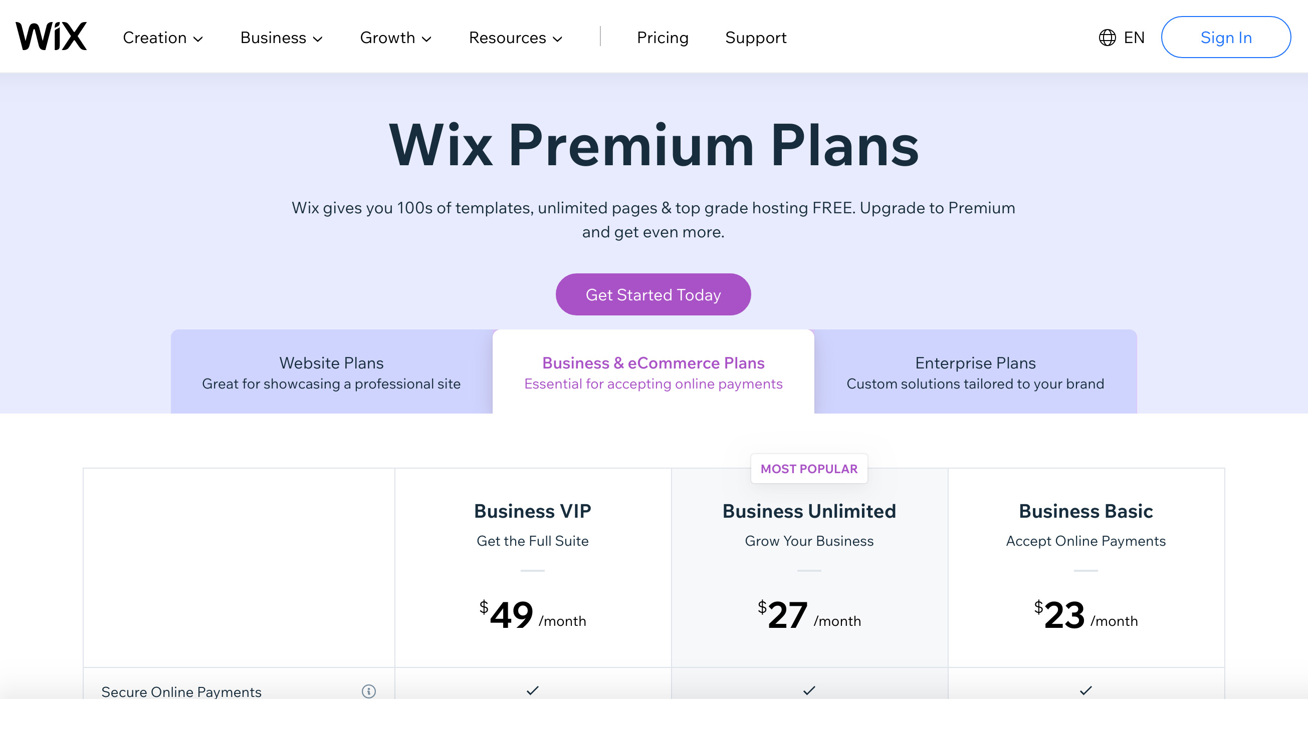Wix POS subscription plans and pricing listed on Wix website
