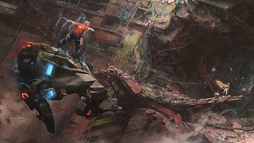 Babiru; a digital illustration depicts a person on a vehicle navigating a wrecked urban landscape.