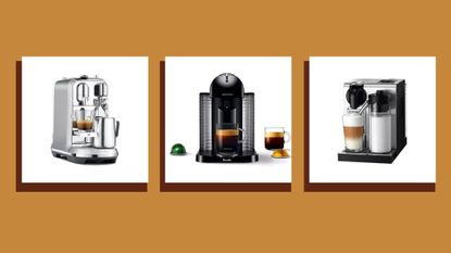 three of coffee machines that see the best Nespresso deals on a tan brown background with dark chestnut shadows around each product image