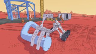 An image of a lopsided robot carrying an unwieldy section of pipe. It is rendered in a cel-shaded style. It is from the videogame Mars First Logistics.