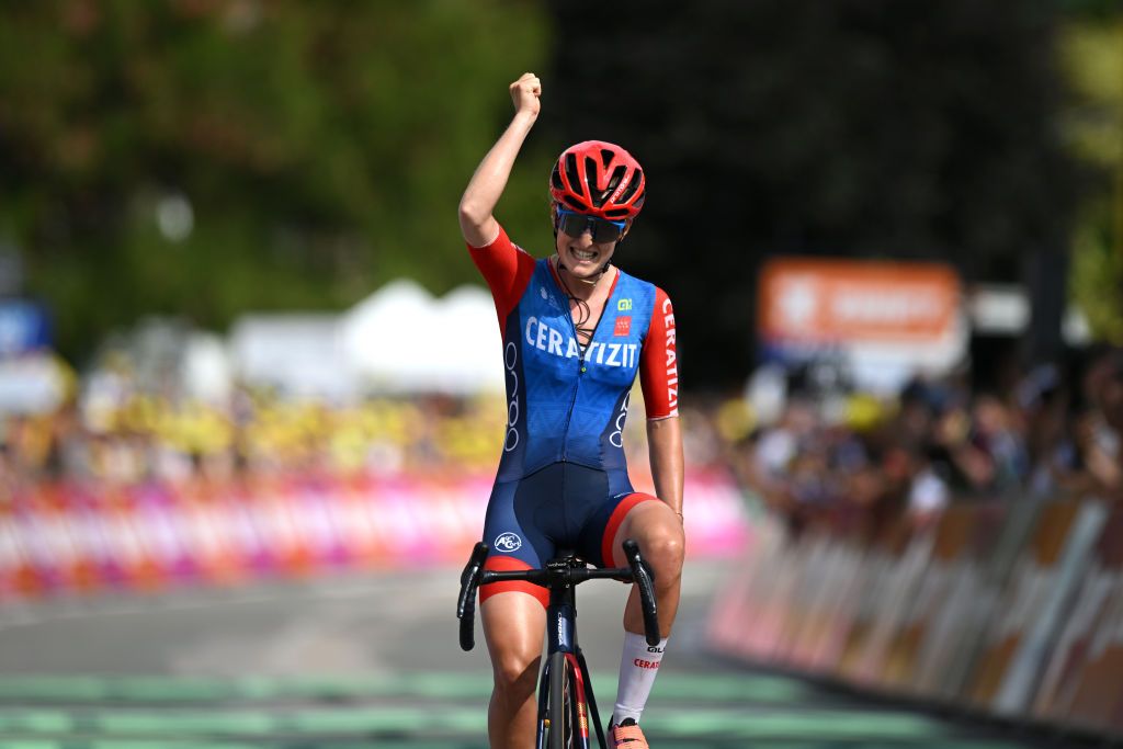 MORTEAU FRANCE AUGUST 16 Cedrine Kerbaol of France and CERATIZITWNT Pro Cycling Team celebrates at finish line as stage winner during the 3rd Tour de France Femmes 2024 Stage 6 a 1592km stage from Remiremont to Morteau UCIWWT on August 16 2024 in Morteau France Photo by Dario BelingheriGetty Images