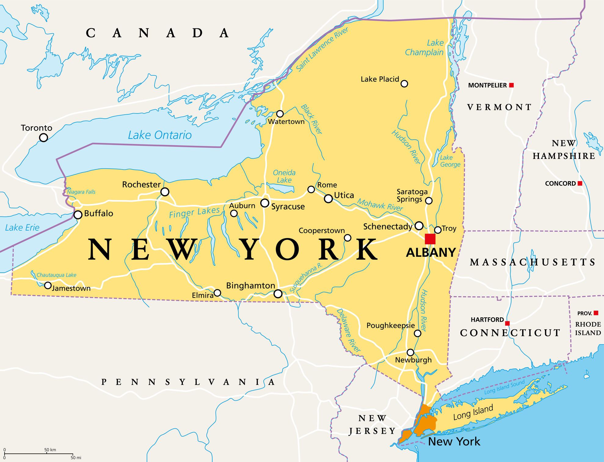 New York State (NYS), political map, with capital Albany, borders, important cities, rivers and lakes. State in the Northeastern United States of America. English labeling. Illustration. Vector.