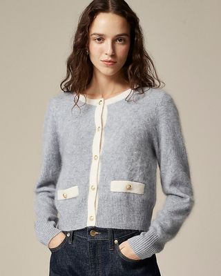 Brushed Cashmere Fitted Cardigan Sweater With Contrast Trim