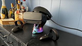 Multicolored skull wearing a VR headset.