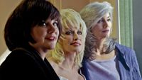 Linda Ronstadt, Dolly Parton and Emmy Lou Harris (l. to r.), who recorded an album together, in dressing room at CBS.